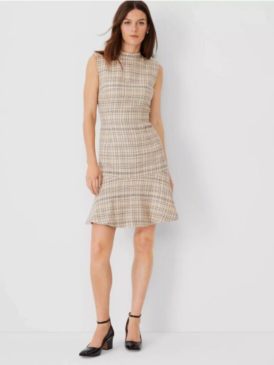 Ann Taylor Dresses & Skirts - Ann Taylor Toasted Oat Tweed Mock Neck Flounce Dress - Size 6 NWT